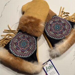 Tan and Black Embroidered Mittens